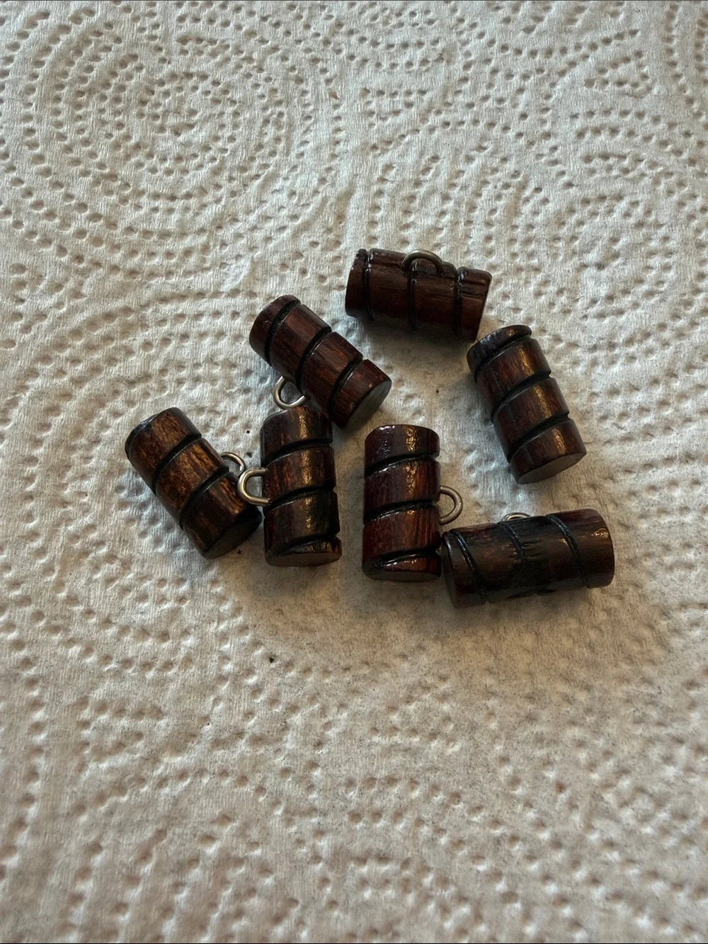 Wood Barrel Charms - Dark Brown Bead Pendants (Set of 7)
